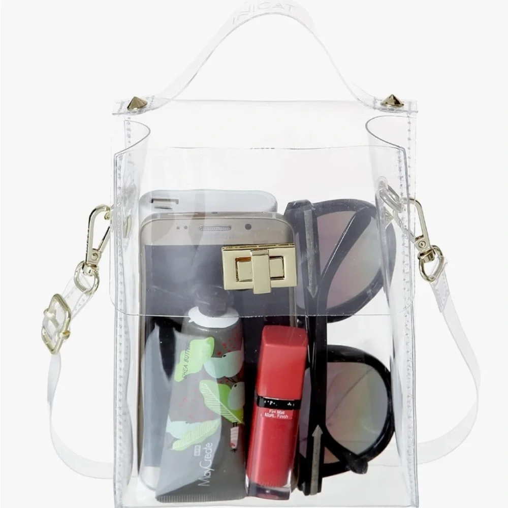 Clear & White Crossbody Bag with Gold Chain Accents Stadium Approved Purse - Picture 5 of 8